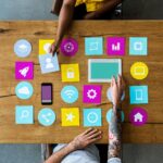 group of computer icon on the wooden table p77yusb